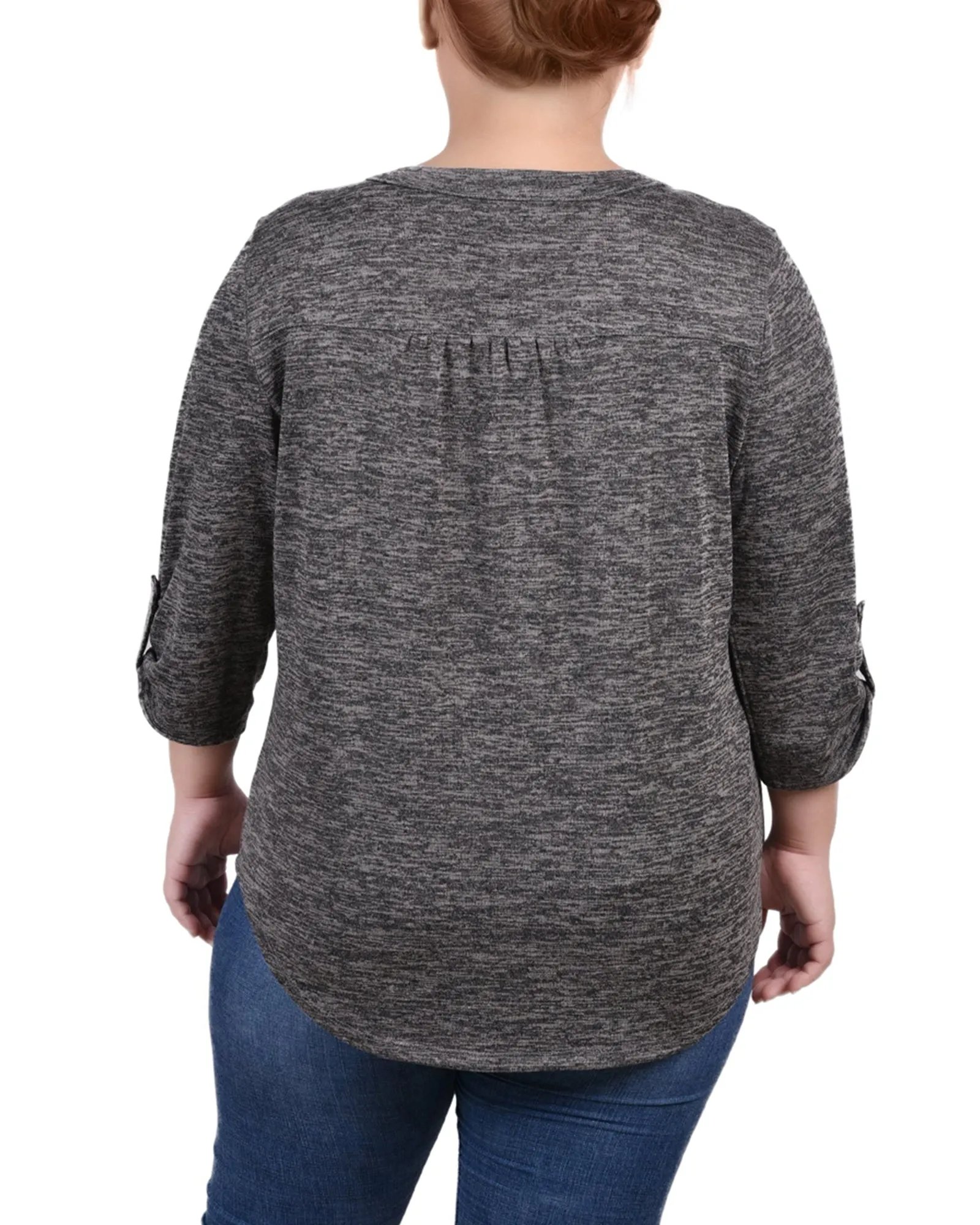 Plus Size 3/4 Roll Tab Sleeve Y Neck Top