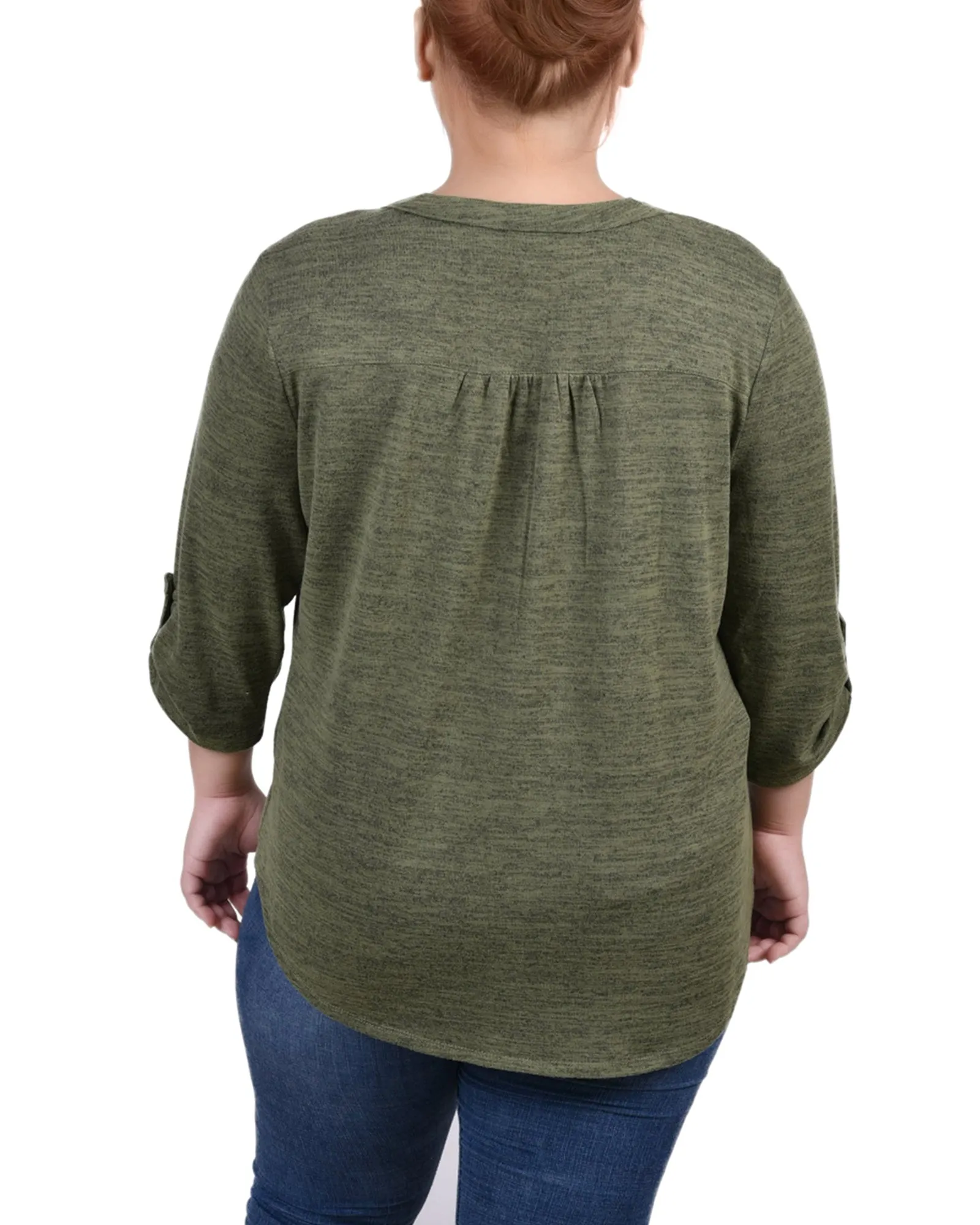 Plus Size 3/4 Roll Tab Sleeve Y Neck Top