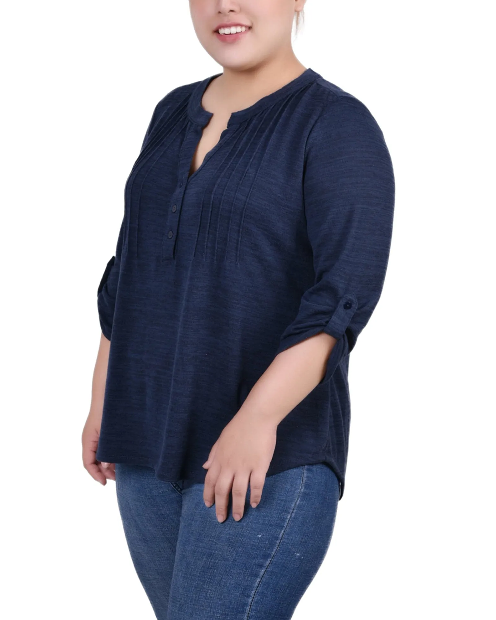 Plus Size 3/4 Roll Tab Sleeve Y Neck Top