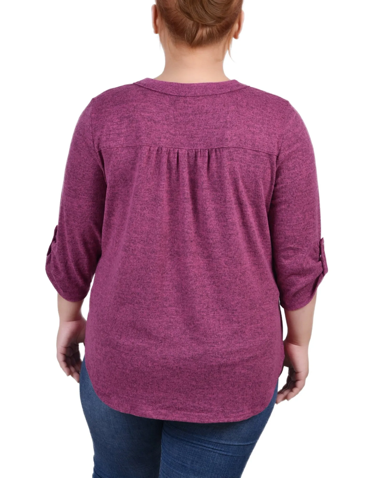 Plus Size 3/4 Roll Tab Sleeve Y Neck Top