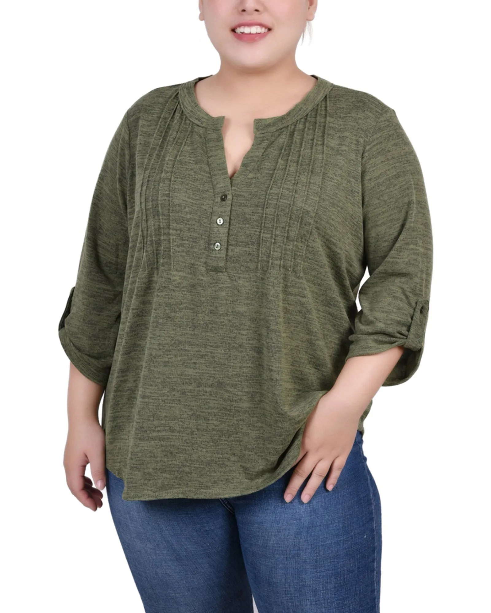 Plus Size 3/4 Roll Tab Sleeve Y Neck Top