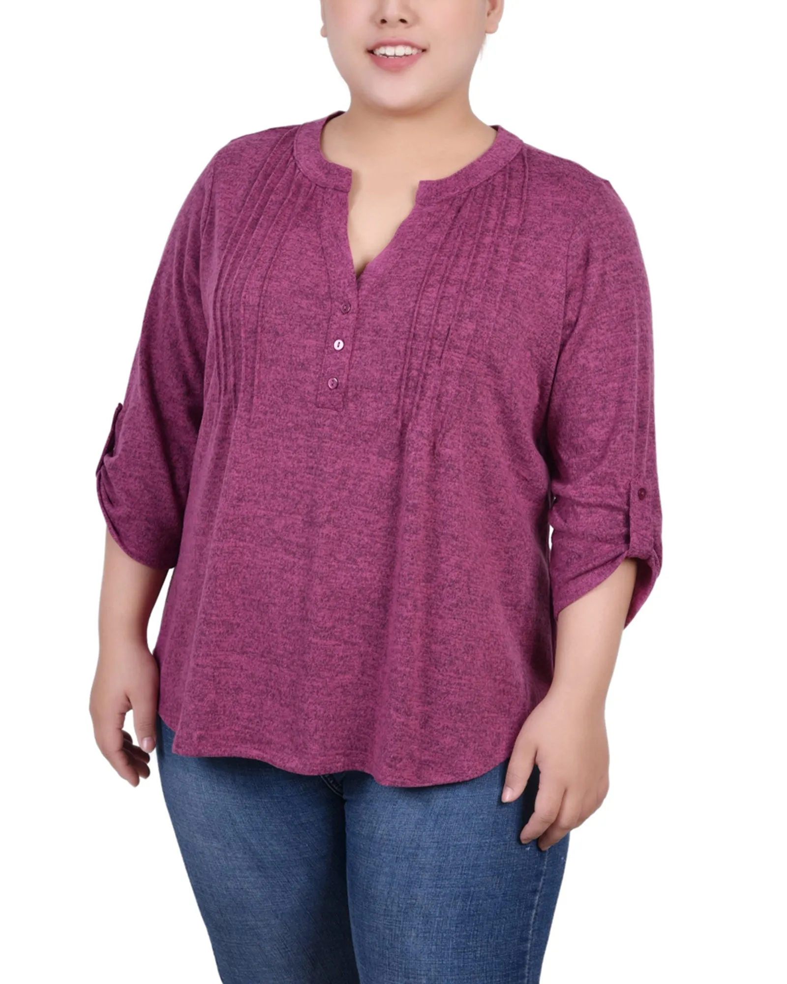 Plus Size 3/4 Roll Tab Sleeve Y Neck Top