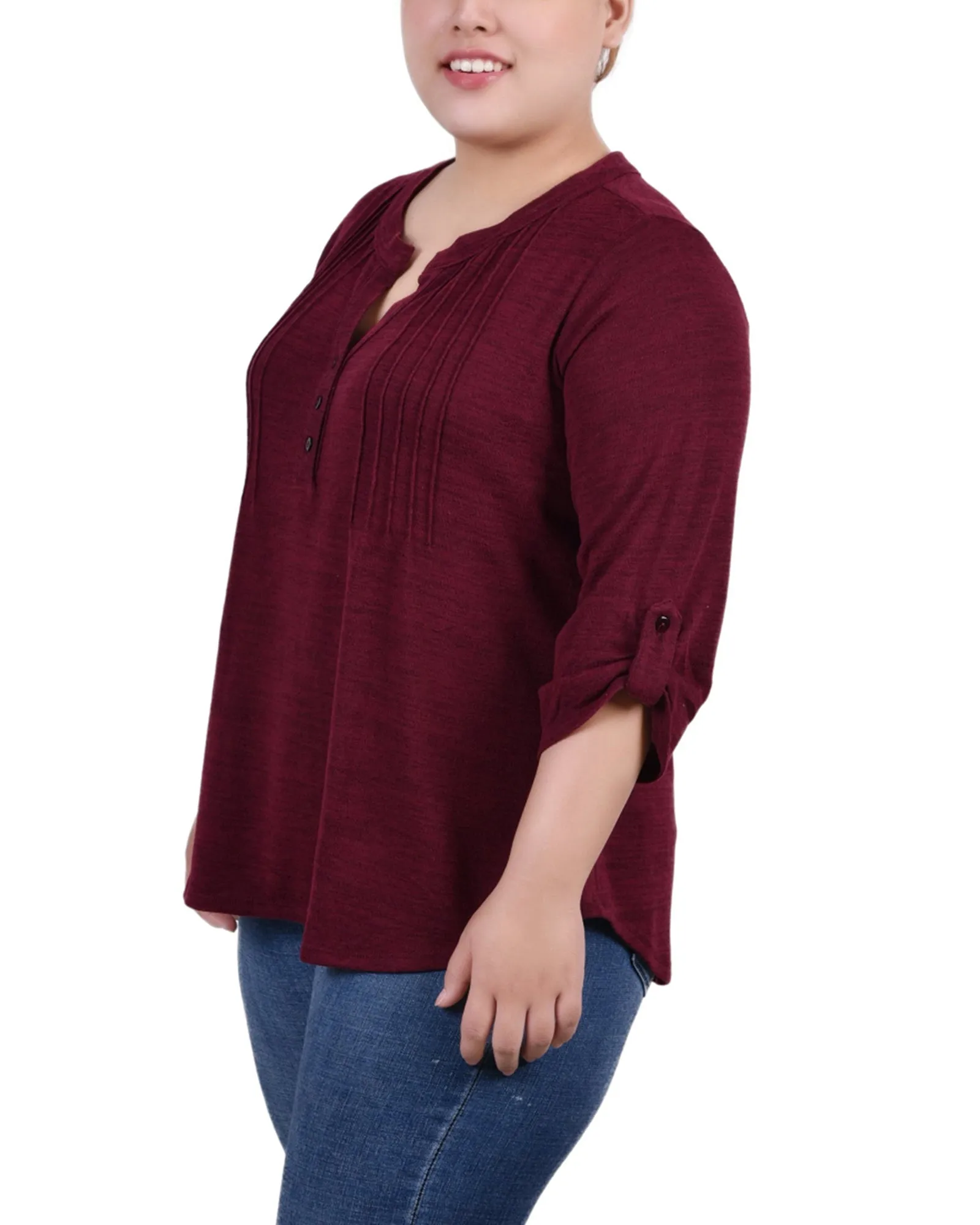 Plus Size 3/4 Roll Tab Sleeve Y Neck Top