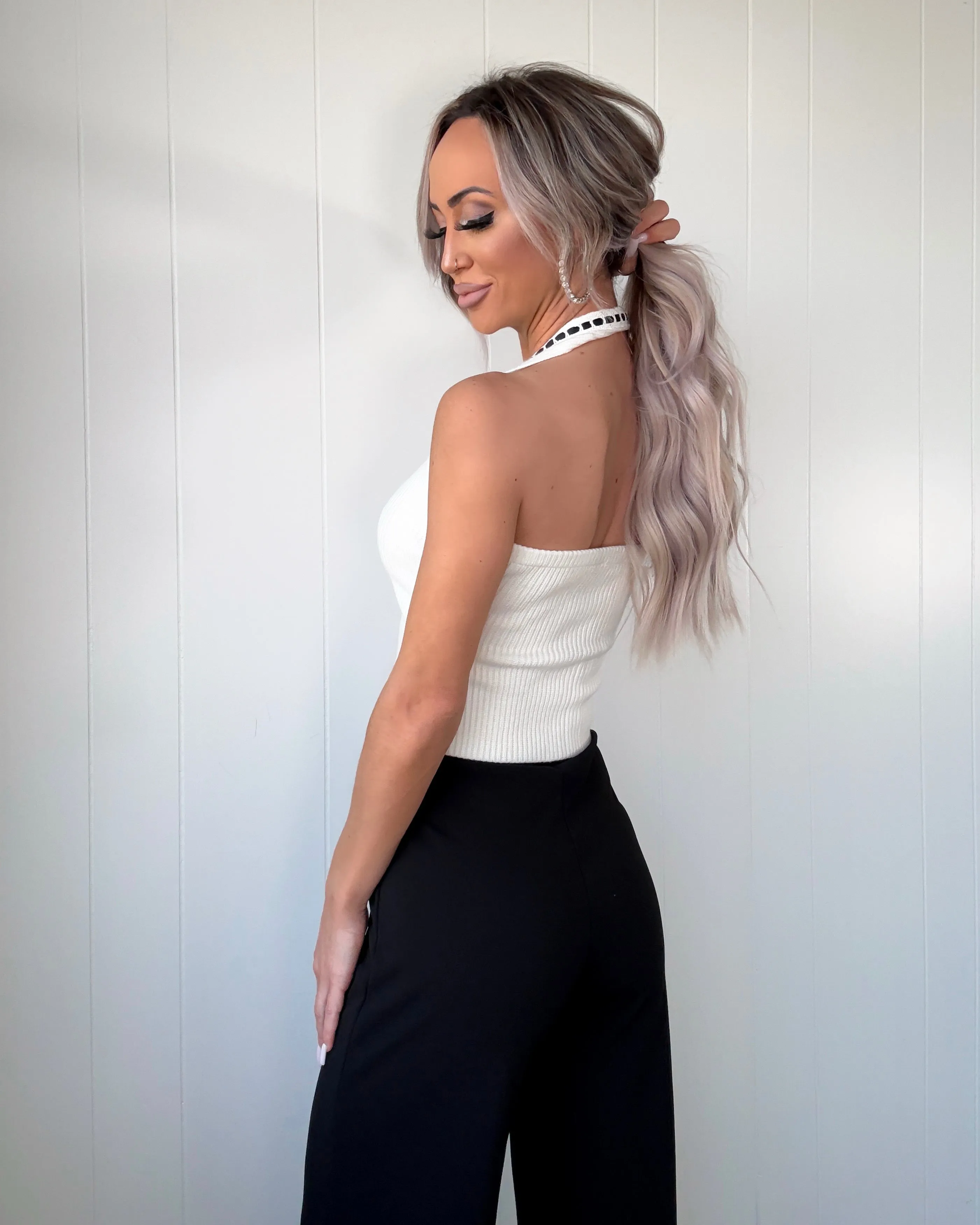 Preppy Ribbon Halter Sweater Top - Ivory
