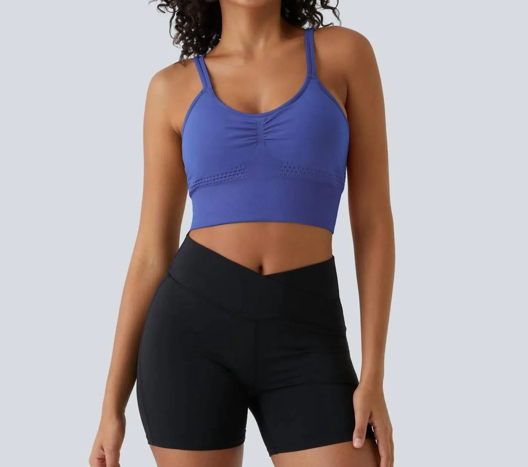 Seamless Ruched Crisscross Bra In Amparo Blue