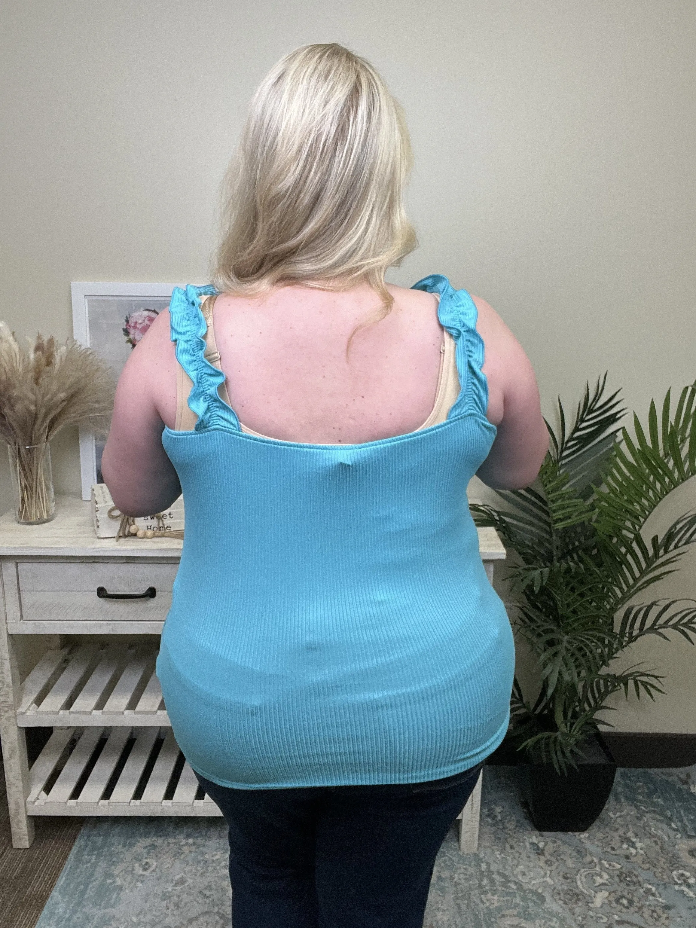 So Far Away Women's Ruffle Strap Stretchy Tank Top