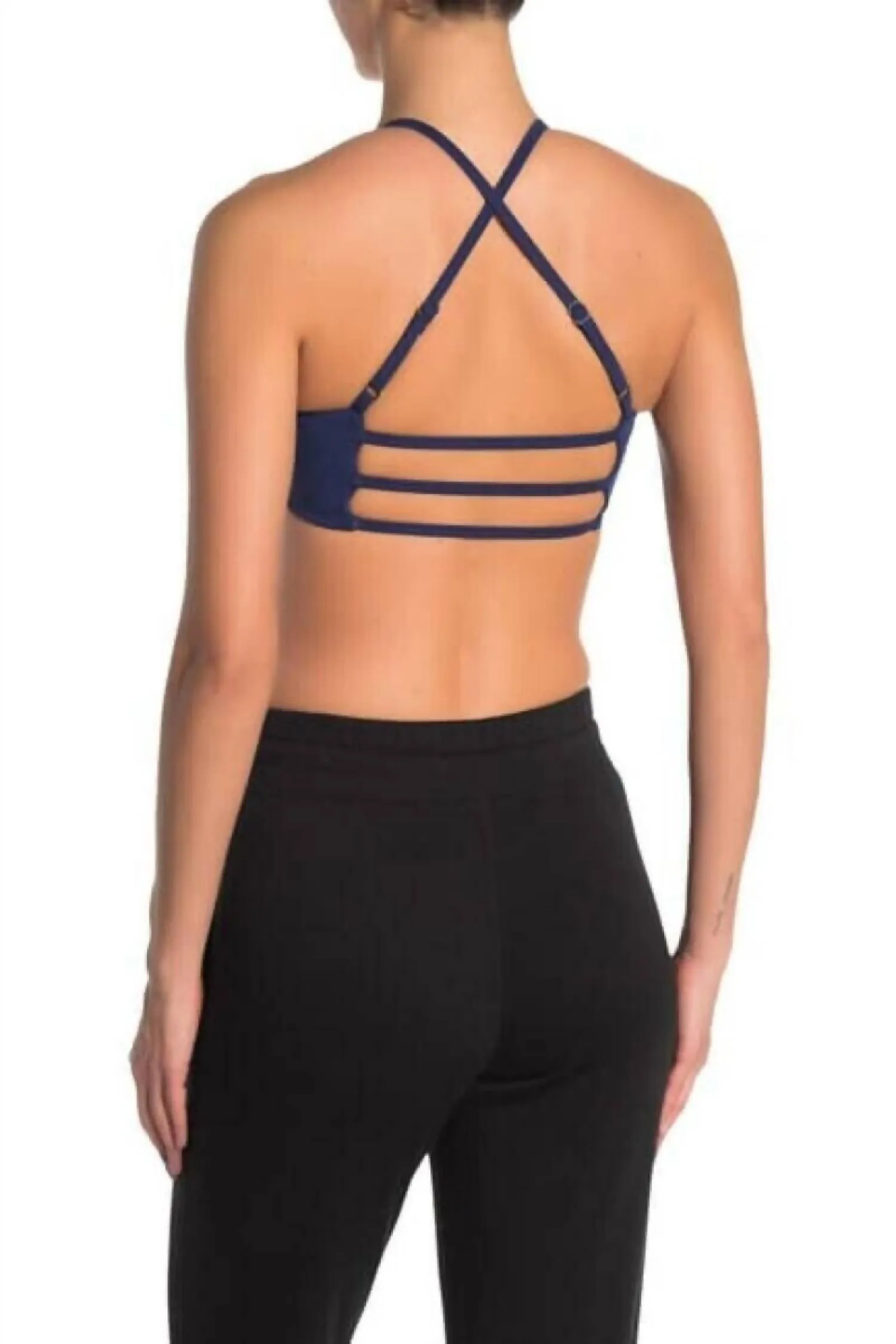 Strappy Sports Bra In Navy Blue Black Stripes