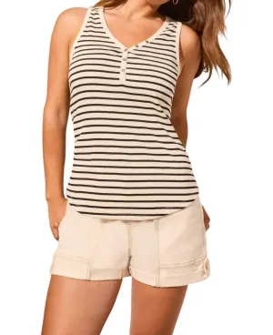 Striped Cotton Henley Tank Top In Cocoblack