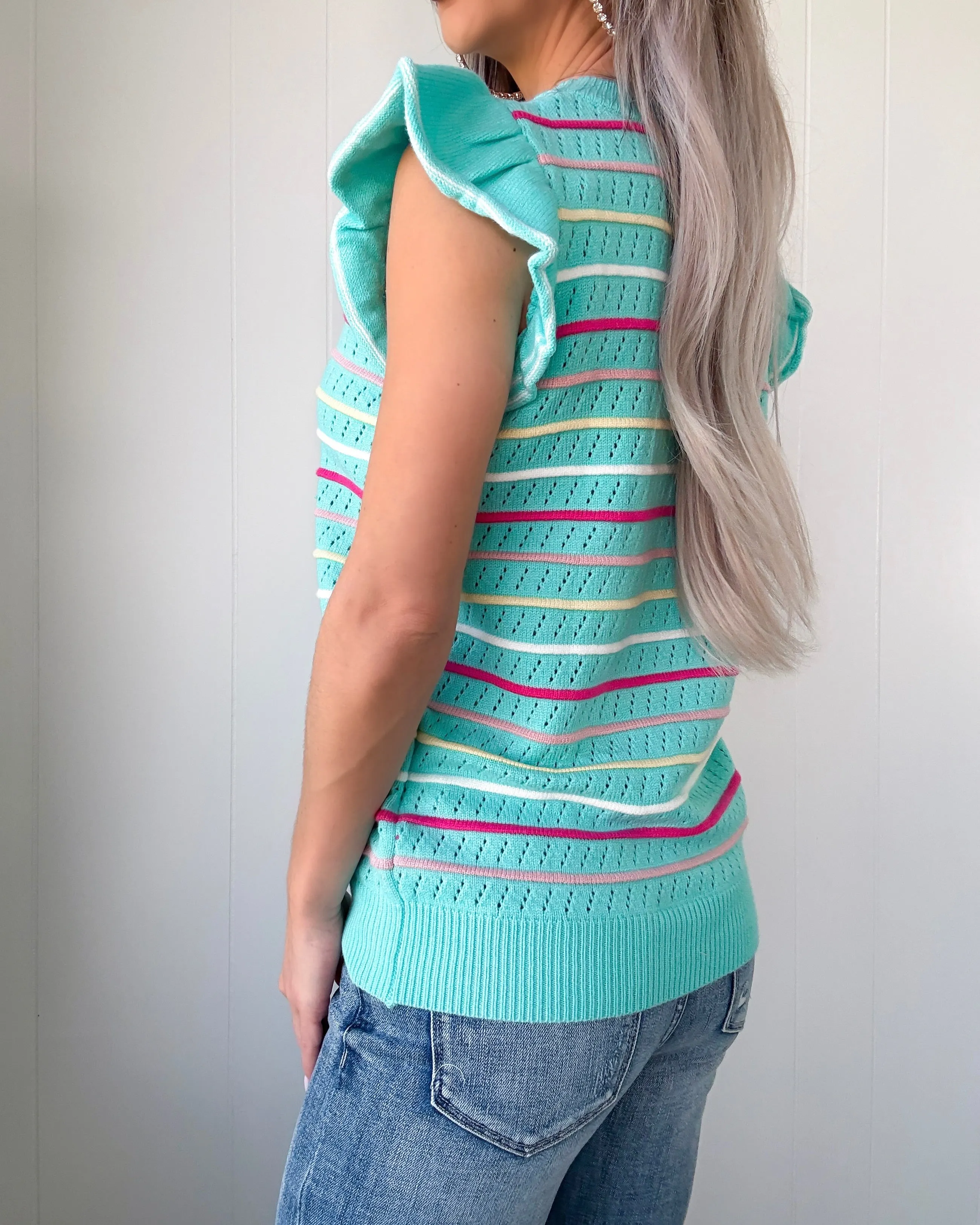 Sunshine Ruffle Sleeve Eyelet Top - Mint
