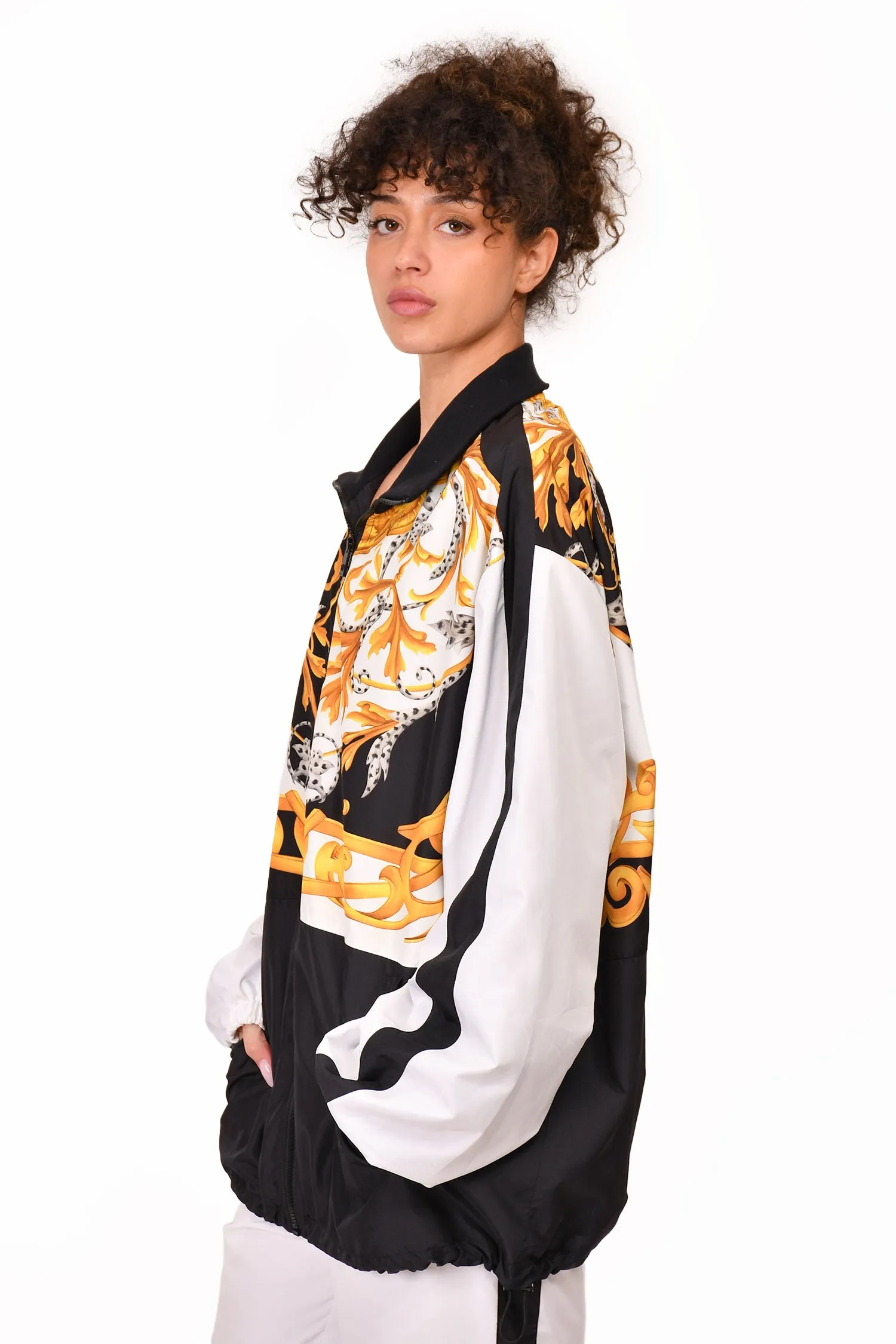 Versace Black/White Baroque Printed Nylon Zip-Up Windbreaker Jacket Size 52 Mens