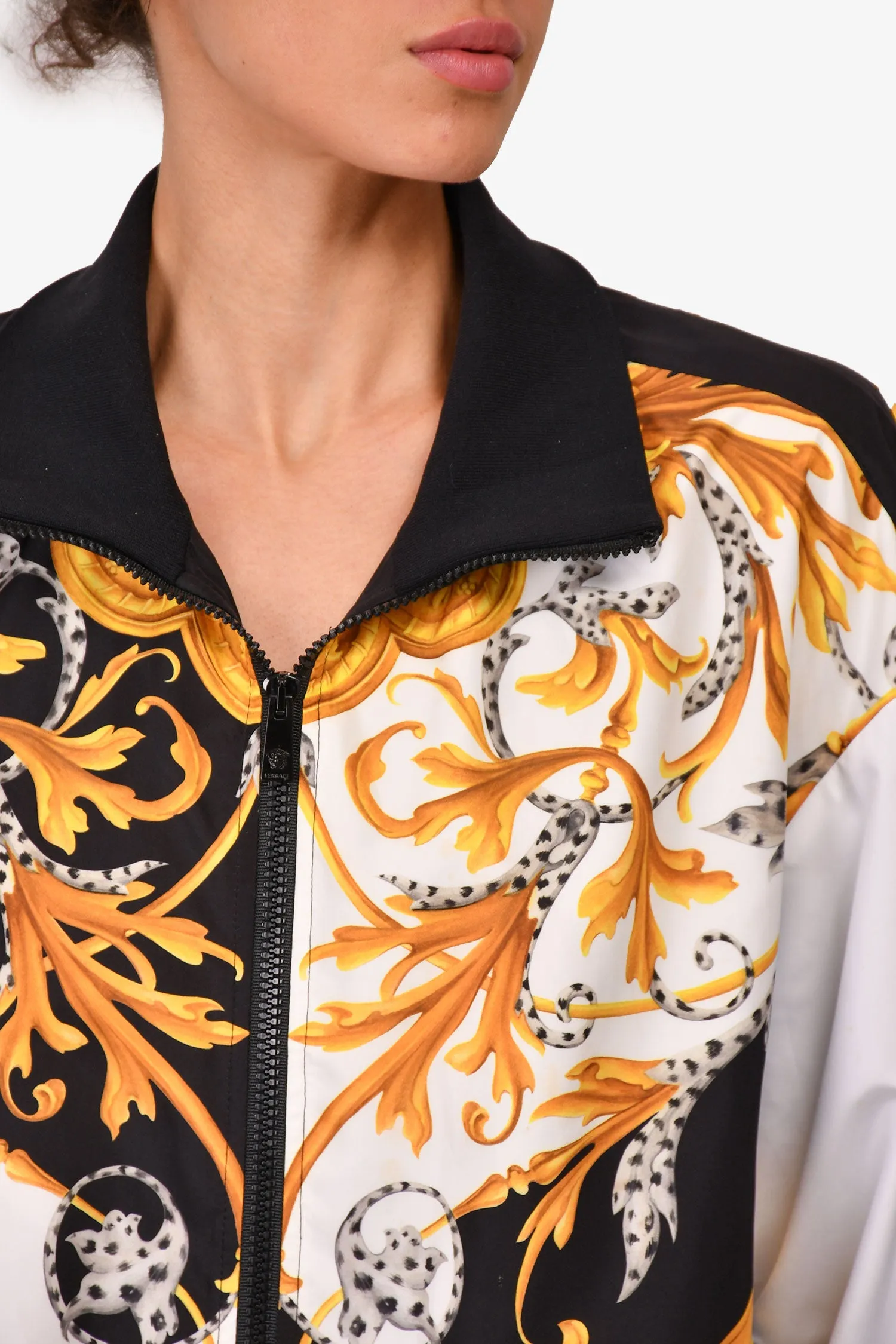 Versace Black/White Baroque Printed Nylon Zip-Up Windbreaker Jacket Size 52 Mens