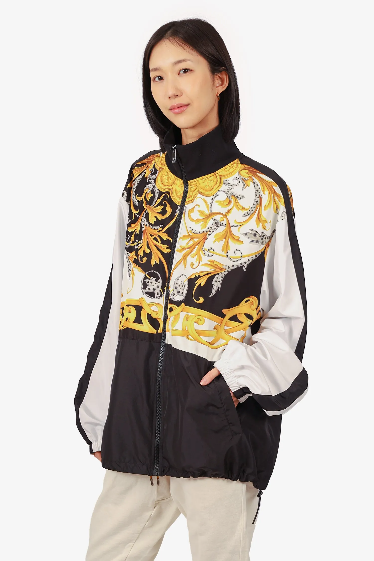 Versace Black/White Baroque Printed Nylon Zip-Up Windbreaker Jacket Size 52