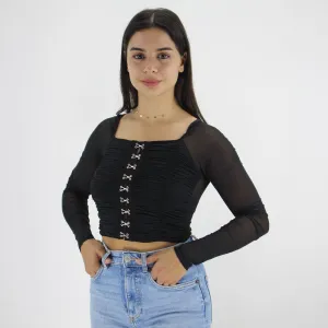 Women's Chiffon Sleeve Hook Bar Closure Top,Black