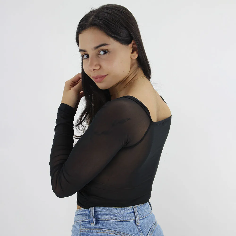 Women's Chiffon Sleeve Hook Bar Closure Top,Black