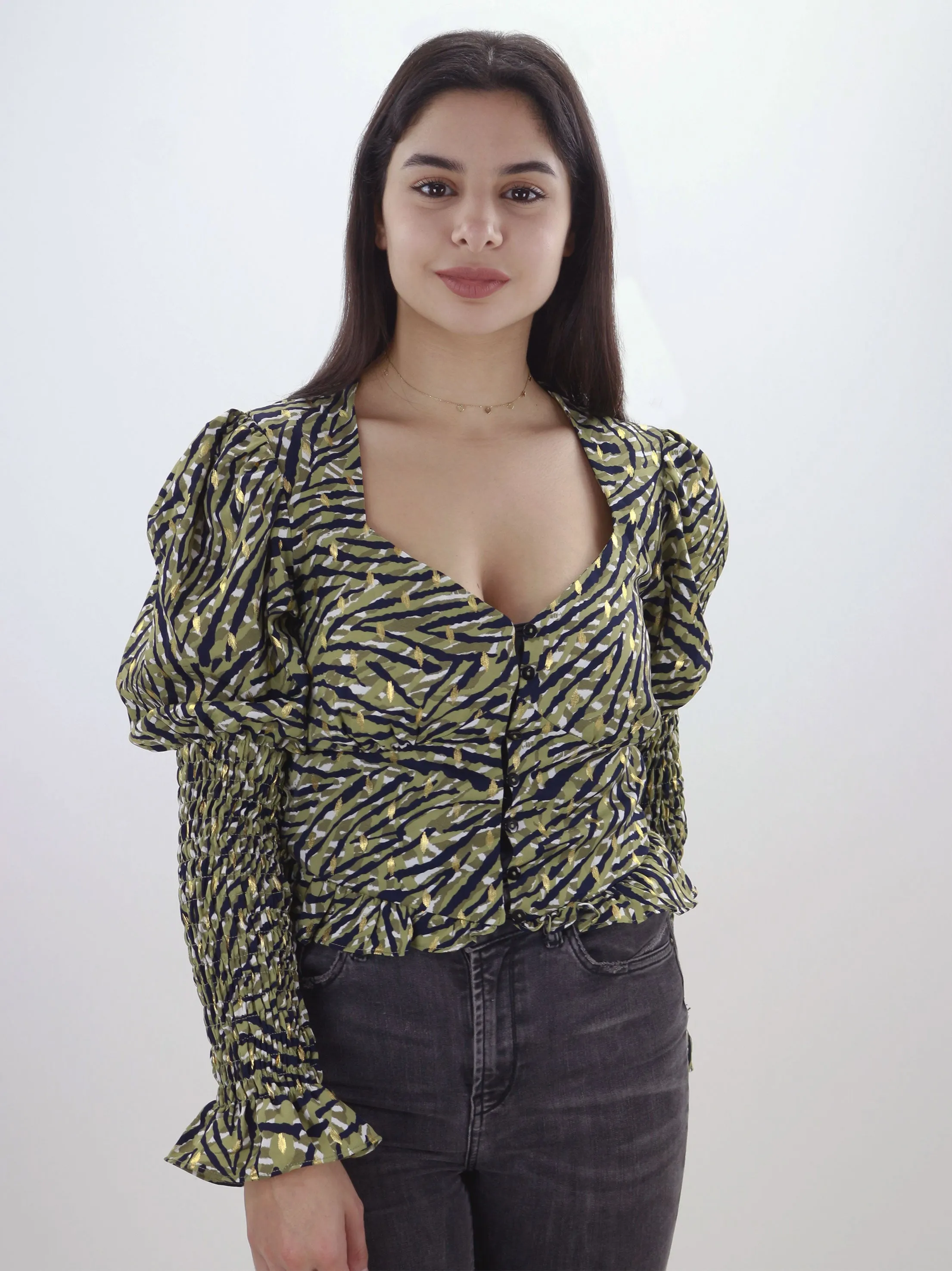 Women's Printed V-Neck Buttons Top,Multi